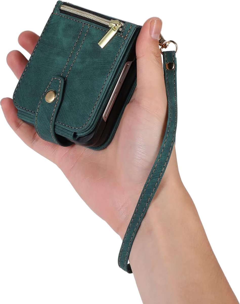 Geschikt voor Samsung Galaxy Z Flip 6 - Retro Lederen Portemonnee - Kaartsleuven - Handtas - Hoesje - Groen