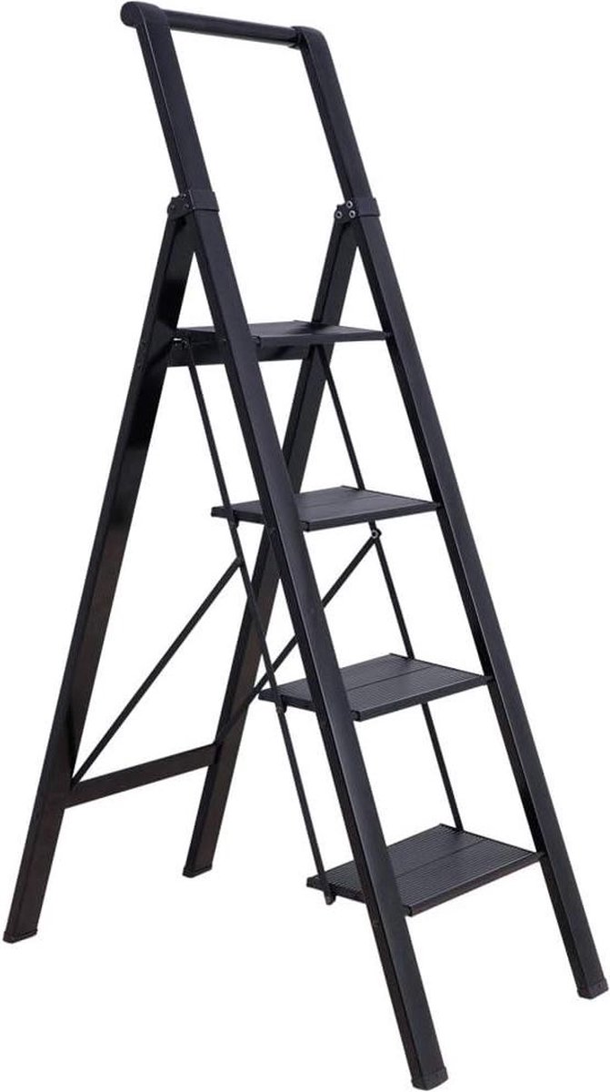 Huishoudtrap 4 treden Aluminium Vouwladder Antislip Draagbaar 175 cm 135 KG Zwart
