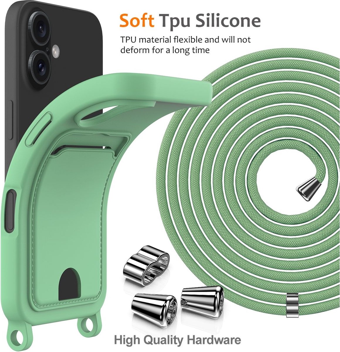 Mobigear Telefoonhoesje geschikt voor Apple iPhone 16 Plus Siliconen met Kaarthouder | Mobigear Lanyard Card Hoesje met koord en Pasjeshouder | Kaarthouder voor 1 Pasje | hoesje met koord Telefoonhoesje voor Pinpas / OV Kaart / Rijbewijs - Groen