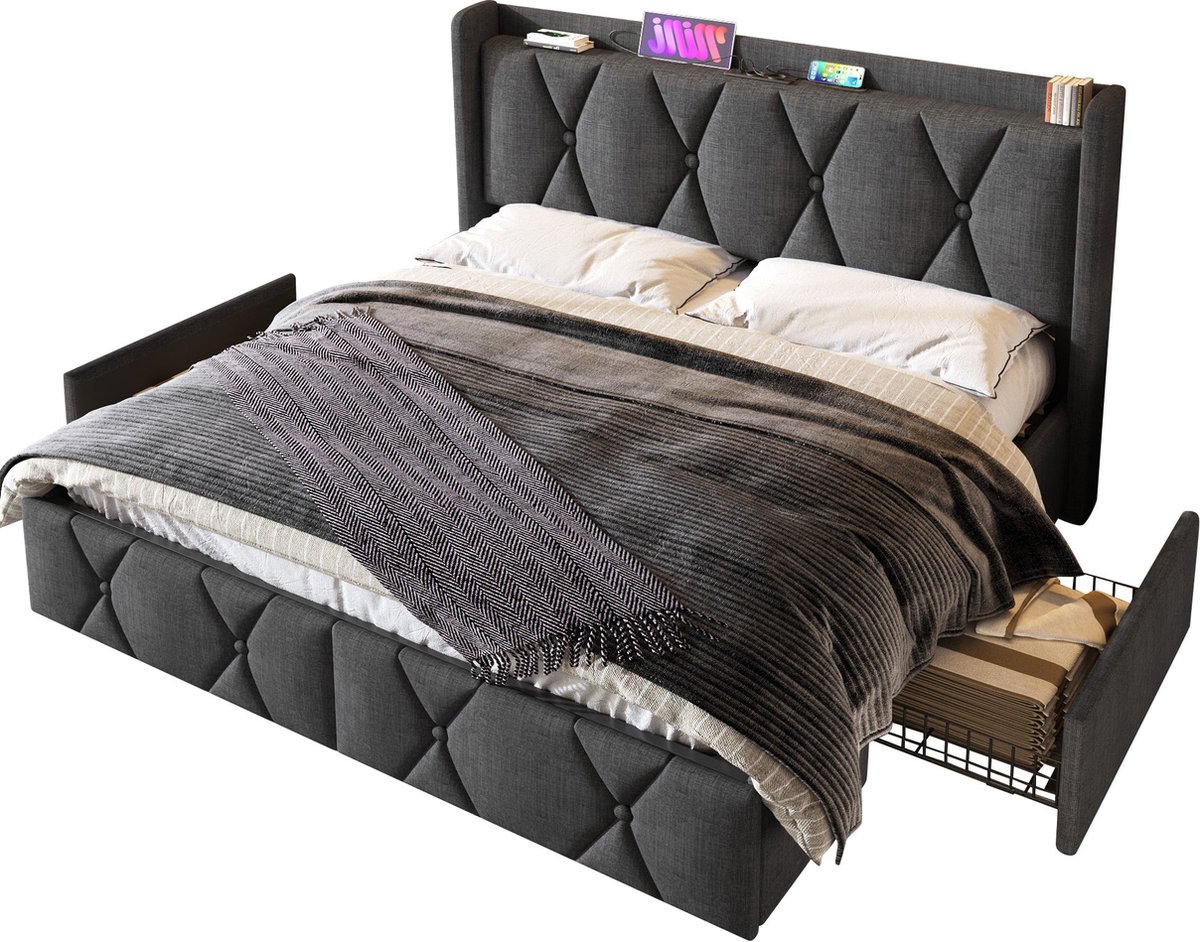 Merax Gestoffeerd Tweepersoonsbed 140x200 cm Inclusief Matras - Bed met USB Aansluiting en 4 Lades - Houten Bedframe - Grijs
