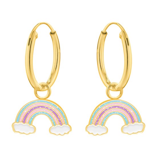 Boucles d'oreilles argent fille | Boucles d'oreilles plaqué or avec pendentif, arc-en-ciel aux couleurs pastel avec paillettes