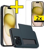 Coque pour iPhone 15 Plus avec porte-cartes, coque rigide avec 2 films de protection d'écran – Coque adaptée pour iPhone 15 Plus avec porte-cartes – Bleu foncé