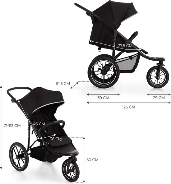 Kinderkraft HELSI 2 Wandelwagen – All-terrain Tot 27 kg – 3 Opblaasbare Wielen – Vering Achterwielen – Verstelbare Rugleuning – Zwart