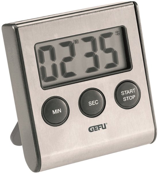 Digitale keukentimer van geborsteld staal met een groot display waarop 02:35 wordt weergegeven. Drie knoppen: MIN, SEC en START STOP.