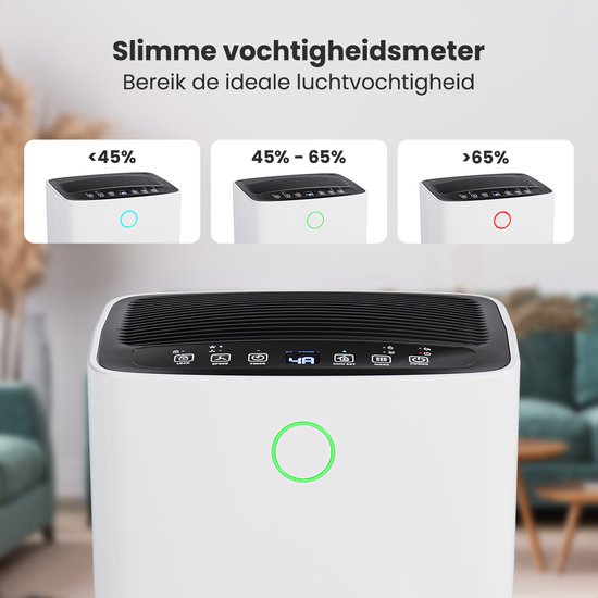 Close-up van een Auronic luchtontvochtiger met indicatielampjes voor de luchtvochtigheid.