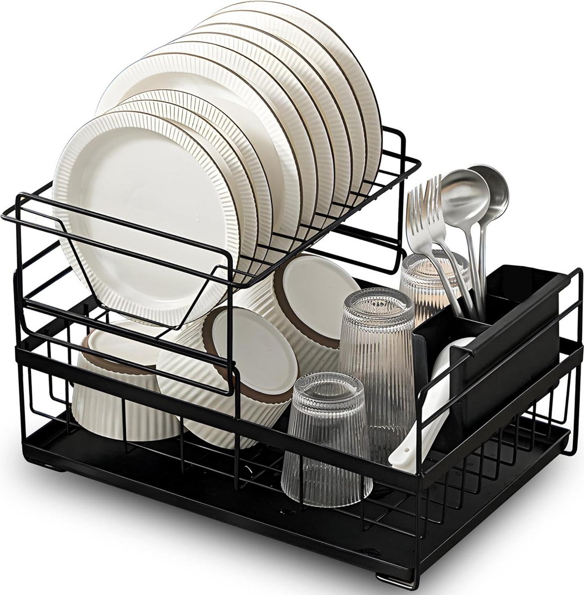 Goedkoopste Afdruiprek met twee vakken en lekbak - Afneembare bestekhouder - 435 x 29 x 24 cm - Zwart afdruiprek met lekbak inklapbaar