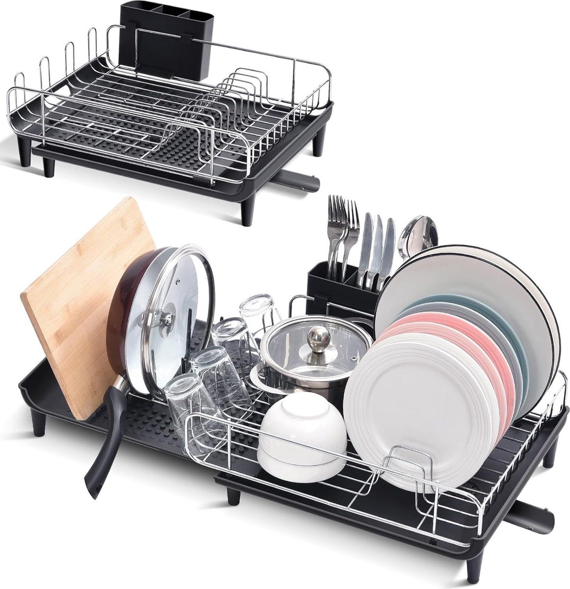 Goedkoopste Uitbreidbaar afdruiprek met draaibare afvoeruitloop en bestekhouder - niet-kras plaatrek afdruiprek met lekbak inklapbaar