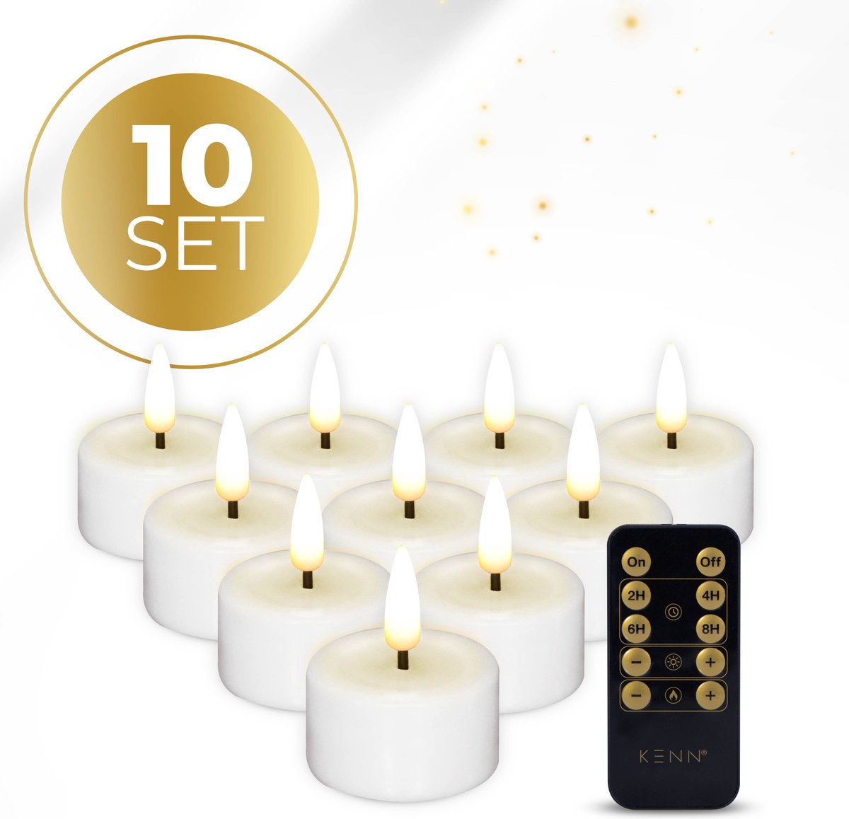 KENN® LED Waxinelichtjes – Set van 10 – Wit – Echte Wax – Met Afstandsbediening & Timer – Tot 300 Branduren – Inclusief Batterijen – LED Theelichtjes – Kaarsen op Batterij – Realistisch Flikkerende Vlam - Nep Waxinelichtjes
