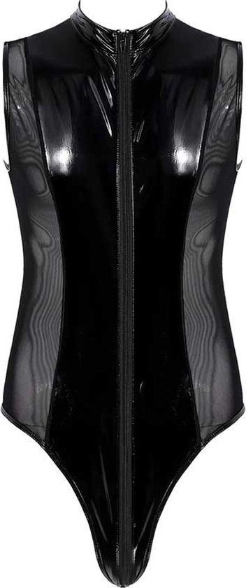 Mannen latex wetlook Catsuit - Erotische bodysuit PU Leder - Jumpsuit - Mouwloos - Transparante zijkanten - Ritssluiting