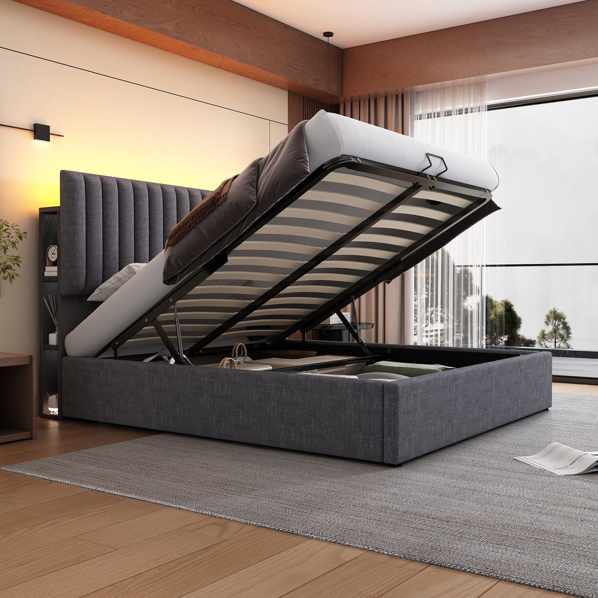 Merax Gestoffeerd Tweepersoonsbed met USB Type-C Aansluiting - 160x200 cm - Luxe Bed met LED-Verlichting via App - Inclusief Opbergruimte en Verstelbaar Hoofdbord - Grijs