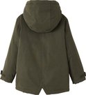 Achterkant groene winterparka met capuchon en verstelbare bandjes aan de mouwen.