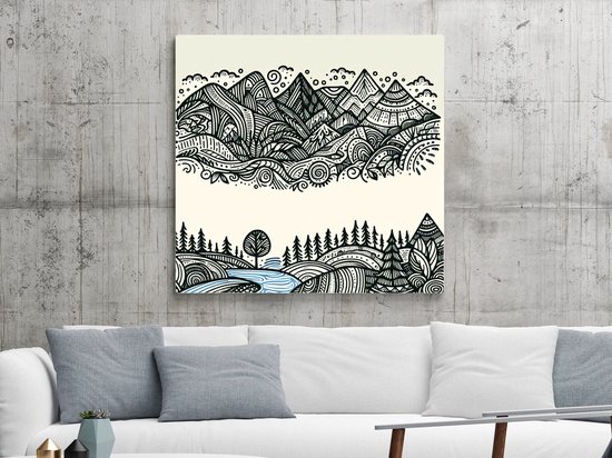Doodle landschap schilderij | Creatief verstrengeld: een surrealistisch landschap van kleurrijke lijnen | Kunst - 60x60 centimeter op Dibond | Foto op Dibond