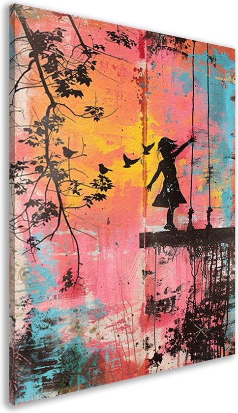 Banksy stijl schilderijen - Meisje met vogels - Street art - Wanddecoratie kleurrijk - Woonkamer schilderij - Slaapkamer decoratie - Cadeau voor vrouwen - Canvas 100x150 cm