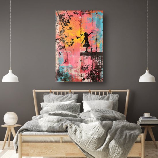 Tableaux style Banksy - Tableau Fille aux oiseaux - Décoration murale street art - Décoration murale colorée - Peintures sur toile - Peintures toile 40x60 cm