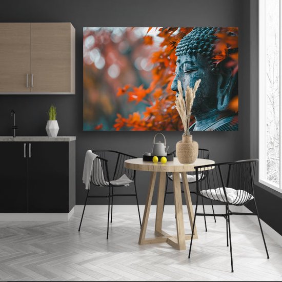 Boeddha portret - Beeldhouwwerk wanddecoratie - Schilderij op canvas Bladeren - Muurdecoratie industrieel - Muurdecoratie canvas - Woonkamer accessoires canvas 60x40 cm