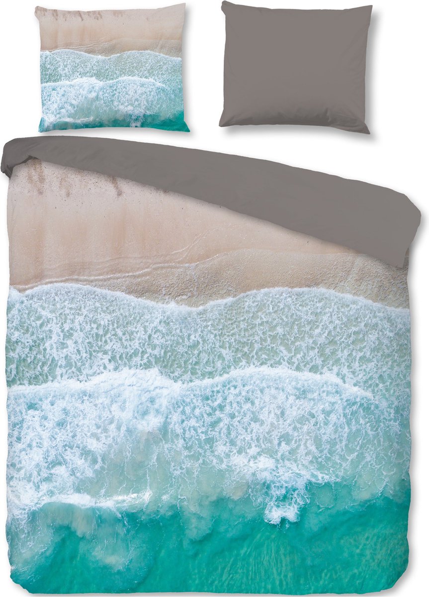 Dekbedovertrek 200x220 cm - Zee en Strand Print - Blauw/Beige - 2 Persoons - 100% Zacht Microfiber