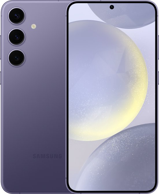 Smartphone Samsung Galaxy S24 violet cobalt, dos avec trois caméras, avant avec écran.