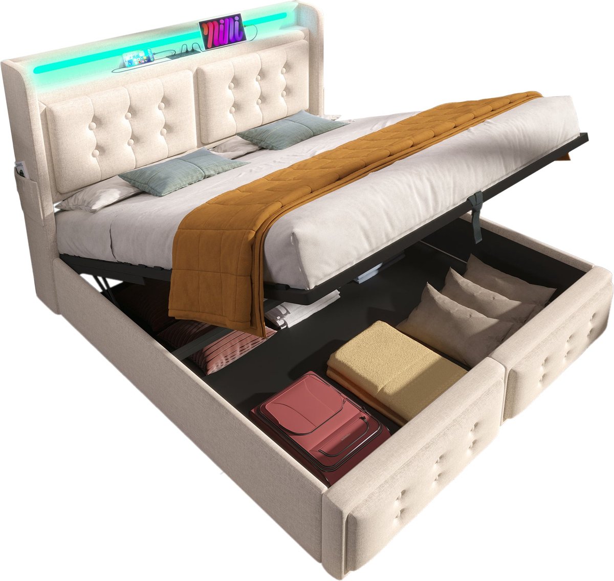 Merax Gestoffeerd Tweepersoonsbed 140x200 inclusief Matras - Bedframe met LED in Hoofdbord en USB-C - Bed met Hydraulische Opbergruimte - Beige