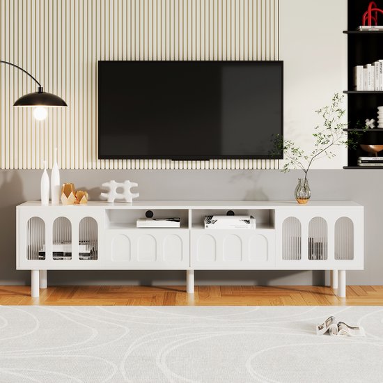 Tv-meubel Met 3 Deuren En Nis – Mat Zwarte Korpus, Geribbelde Mat Zwarte Fronten 150 Cm