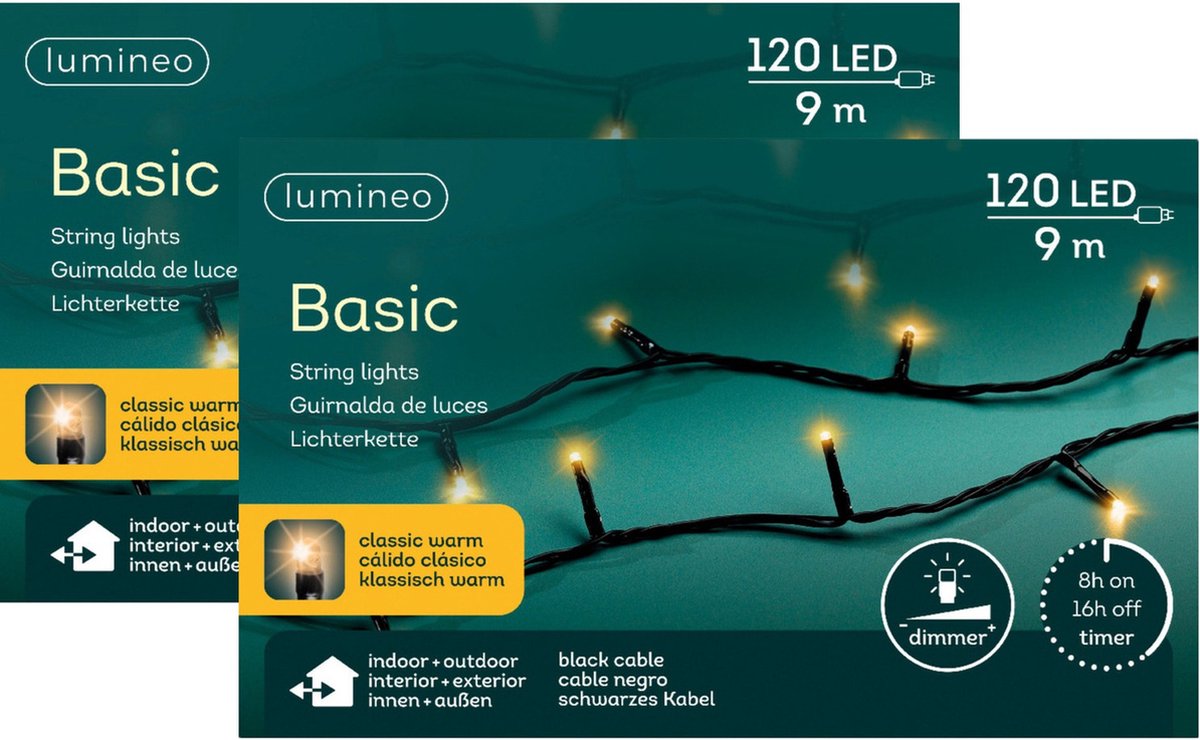 Lumineo Kerstverlichting - 2x - 120 leds -klassiek warm wit -900 cm - black cable - timer en dimmer