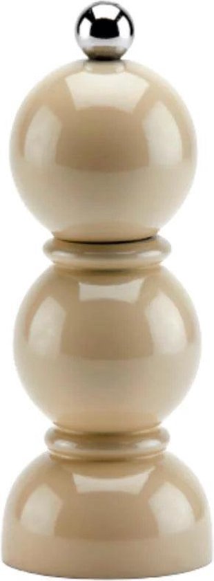 Cappuccino mini bobbin pepermolen van 14 cm met een glanzende afwerking en een zilveren knop.