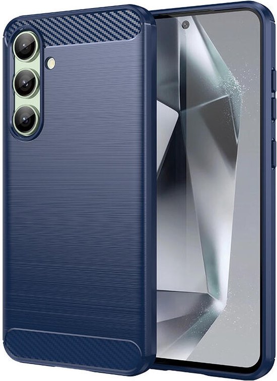 Foto: Geborsteld tpu hoesje geschikt voor samsung galaxy s24 fe beschermhoes back cover flexibel tpu stijlvol carbon dun blauw