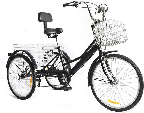 Seastone - 24 Inch Driewieler Voor Volwassenen - 3-wiel - 7-Speed Fiets -Fiets Met Winkelmand - Voorframe Opbergrek - Zwart