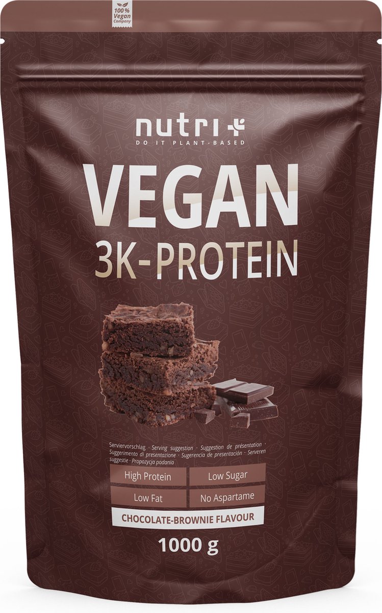 Goedkoopste nutri Vegan 3K Protein - Eiwitpoeder Chocolate Brownie - Veganistisch proteïne poeder - met proteïnen uit soja, erwten en zonnebloem - lactosevrij en glutenvrij - 1000 g