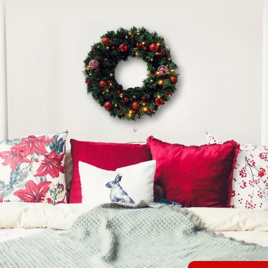Buxibo PVC Kerstkrans met Decoraties - Groen - Met 40 Lampjes op Batterijbox - 150 Takken - 50cm