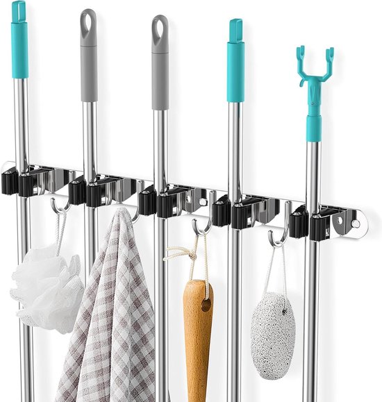 Support Mural Pour Balai 2 Pièces - Organisateur Acier Inoxydable Avec 9 Supports Et Crochets