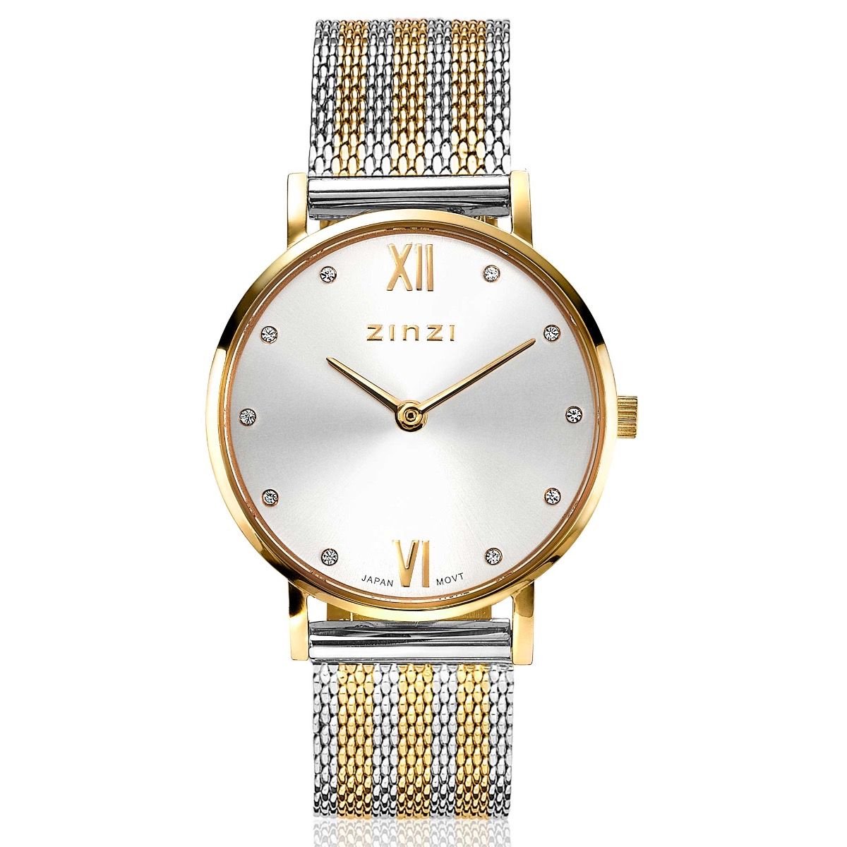 ZINZI Lady Crystal horloge zilvergekleurde wijzerplaat, geelgoudkleurige kast en bicolor stalen mesh band, witte crystals bij uuraanduiding, 28mm extra dun ZIW633MB