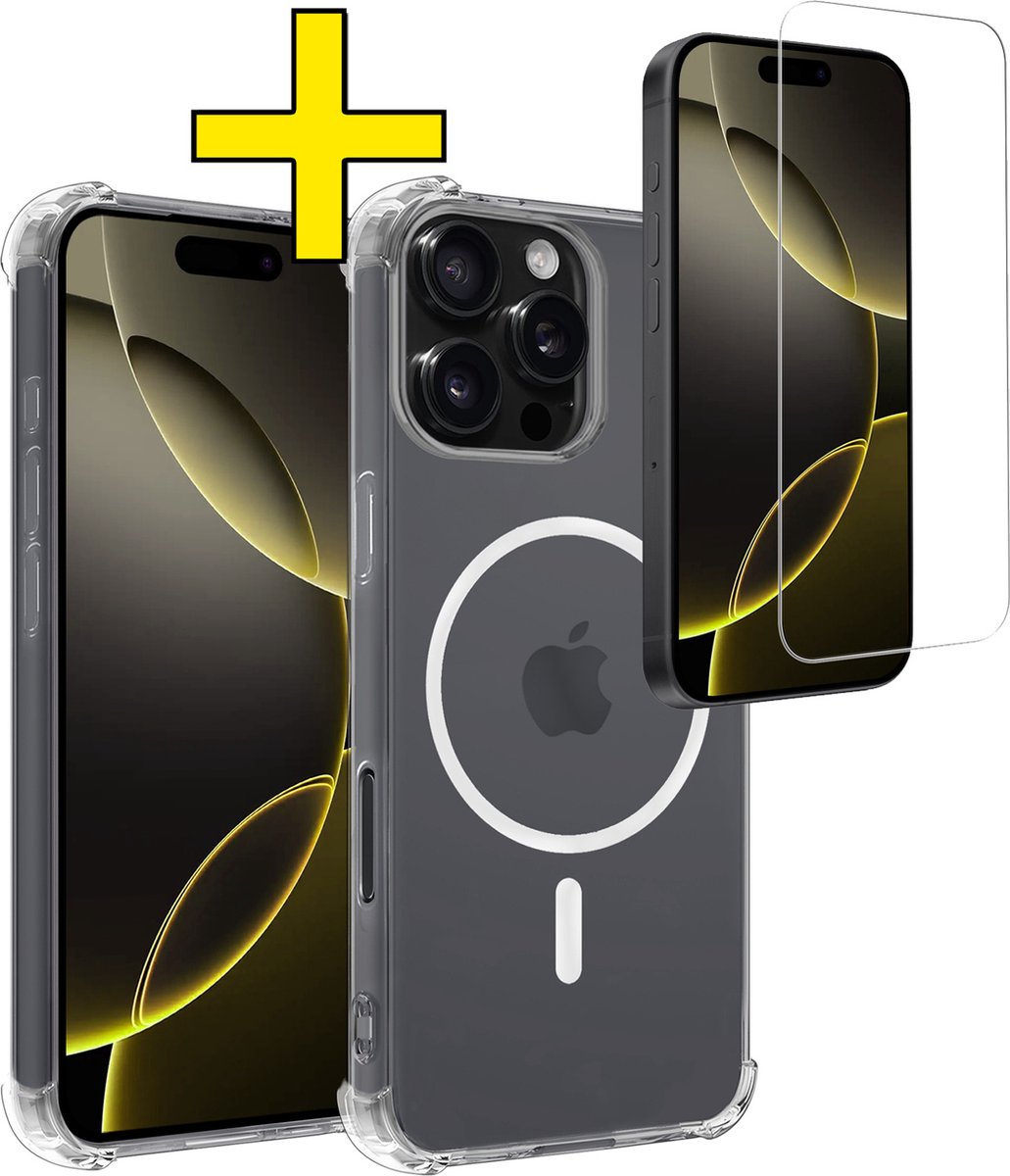 Hoesje - Met Screenprotector - Geschikt voor Apple iPhone 16 Pro - Magsafe Compatible - Sterk & Shockproof - Back Cover - Shock Proof Case - Telefoon Hoes - Telefoonhoesjes - Transparant