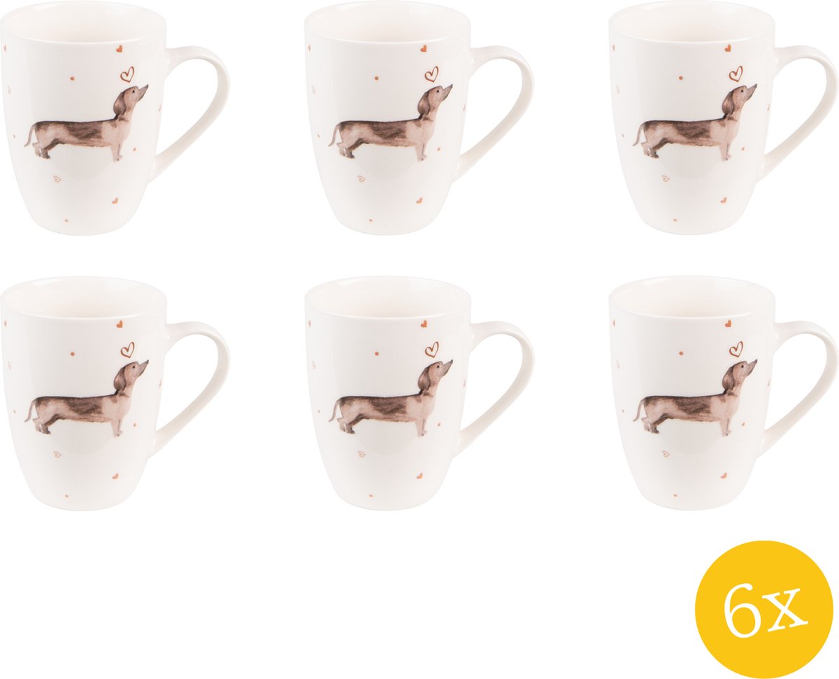Clayre & Eef Mok set van 6 stuks 300 ml Beige Bruin Porselein Teckel Theemok