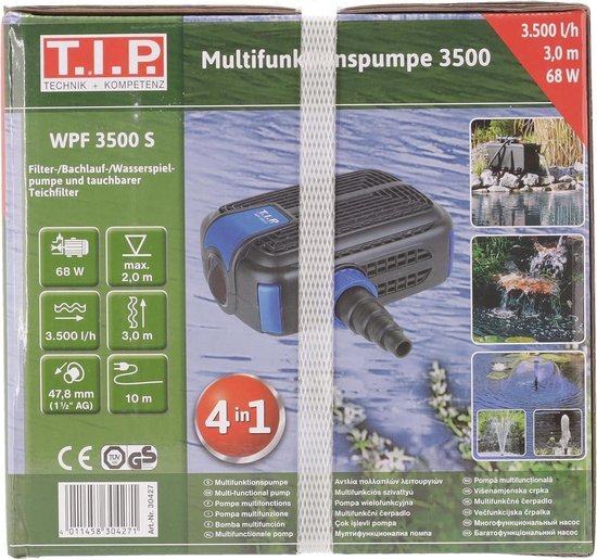 T.I.P. WPF 3500 S 30427 vijver/waterpomp, debiet 3.500 l/h, opvoerhoogte 3,0 m, filter voor beek en fontein (met 3 watersets, geïntegreerd filter, 3-weg ventiel