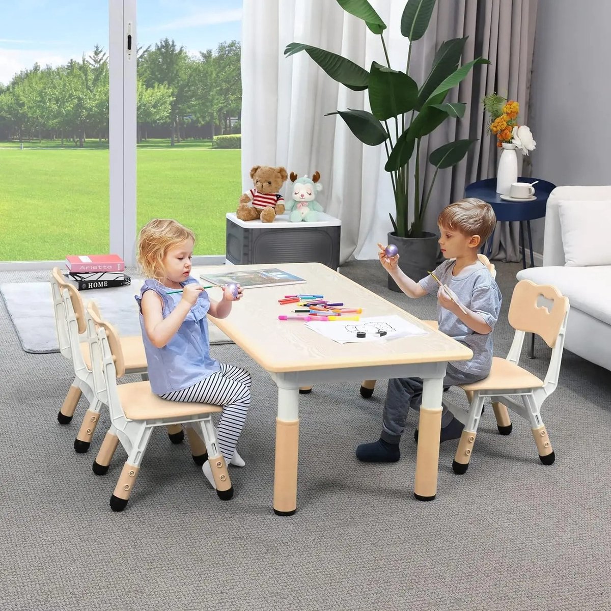 Kindertafel met 2 stoelen, kindertafel stoelset, in hoogte