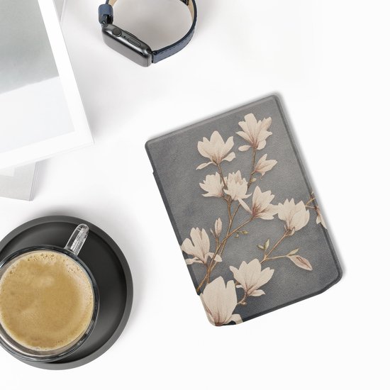 kwmobile e-reader hoesje geschikt voor Pocketbook Verse / Verse Lite / Verse Pro / Color / Vivlio Light/Light HD hoes - E reader flip case met magnetische sluiting - Ereader cover - Magnolia design in taupe / wit / blauwgrijs van Merkloos — afbeelding 2