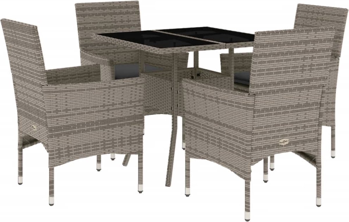 VidaXL 5-delige Tuinset met kussens poly rattan en glas grijs