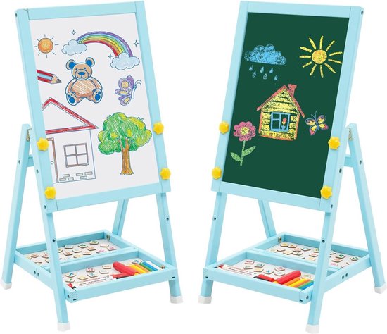 Foto: Mini kinderbord blauw dubbelzijdig whiteboard en schoolbord kinderezel met krijtjes art easel