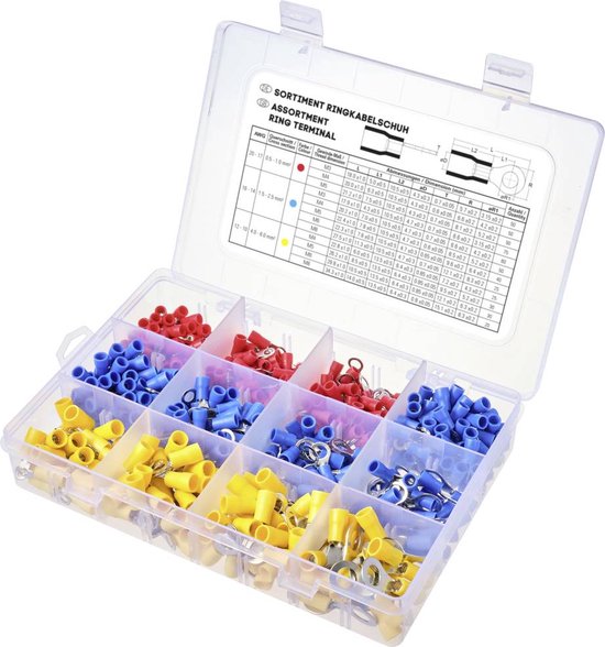 TRU COMPONENTS TC-11991832 Assortiment de cosses à oeillet partiellement isolé 0.5 mm² 6 mm² rouge, bleu, jaune 505 pc(