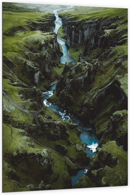 Dibond - Bergen - Rivier - Water - Gras - Groen - 100x150 cm Foto op Aluminium (Met Ophangsysteem)