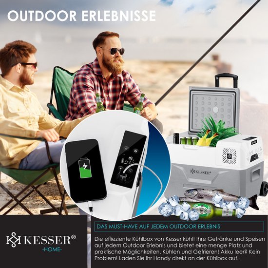 KESSER® Compressor Koelbox Elektrische Vriezer 30 Liter met APP-bediening, USB 12/24V 230V en telescopische stang Wielen - Frigobox tot -20 °C voor auto, vrachtwagen, boot, camper en camping, Grijs van KESSER — afbeelding 5