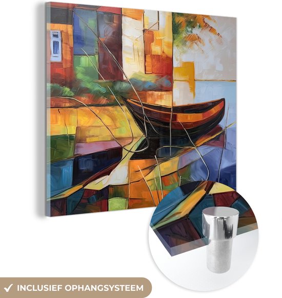 MuchoWow® Glasschilderij 90x90 cm - Schilderij acrylglas - Abstract - Kunst - Boot - Kleuren - Foto op glas - Muurdecoratie woonkamer - Wanddecoratie slaapkamer - Schilderijen