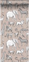ESTAhome behang jungle dieren oudroze en grijs - 139271 - 0,53 x 10,05 m