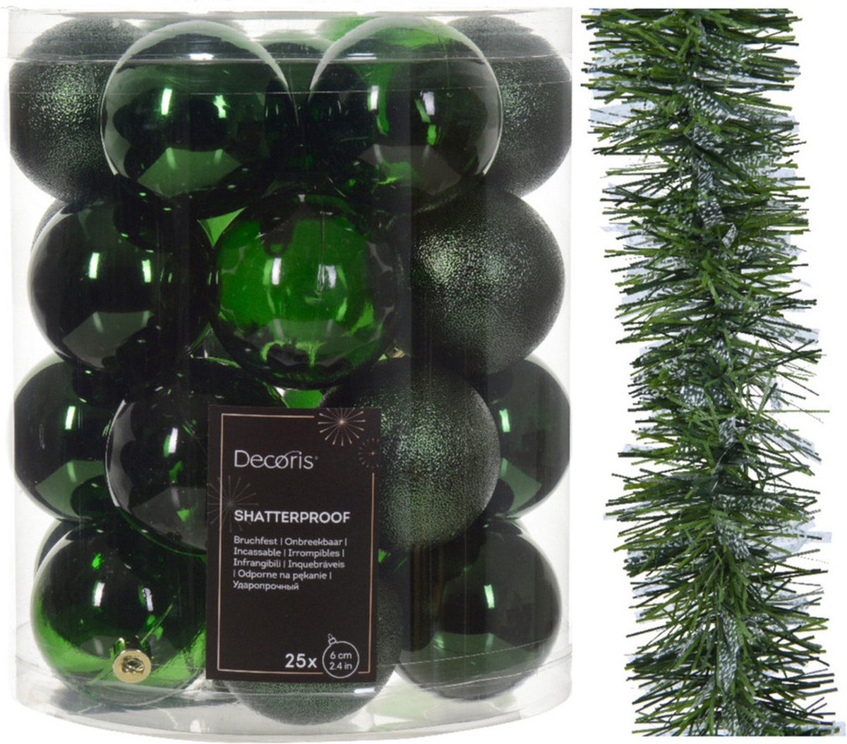 Kerstversiering set met donkergroene kerstballen van 6 cm en kerstslinger van kunststof van Decoris.