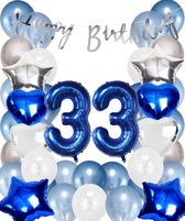 Snoes Ballonnen 33 Jaar Set Mega Blauw Zilver Ballon - Compleet Feestpakket Cijferballon 33 Jaar - Verjaardag Versiering Slinger Happy Birthday – Folieballon – Latex Ballonnen - Helium Ballonnen