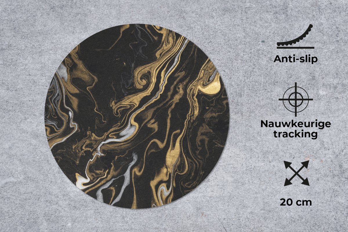 Muismat rond 20x20 cm - Mousepad Marmer - Zilver - Goud - Abstract - Ronde muismatten