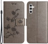 Coverup Bloemen & Vlinders Book Case - Geschikt voor Samsung Galaxy A14 Hoesje - Grijs