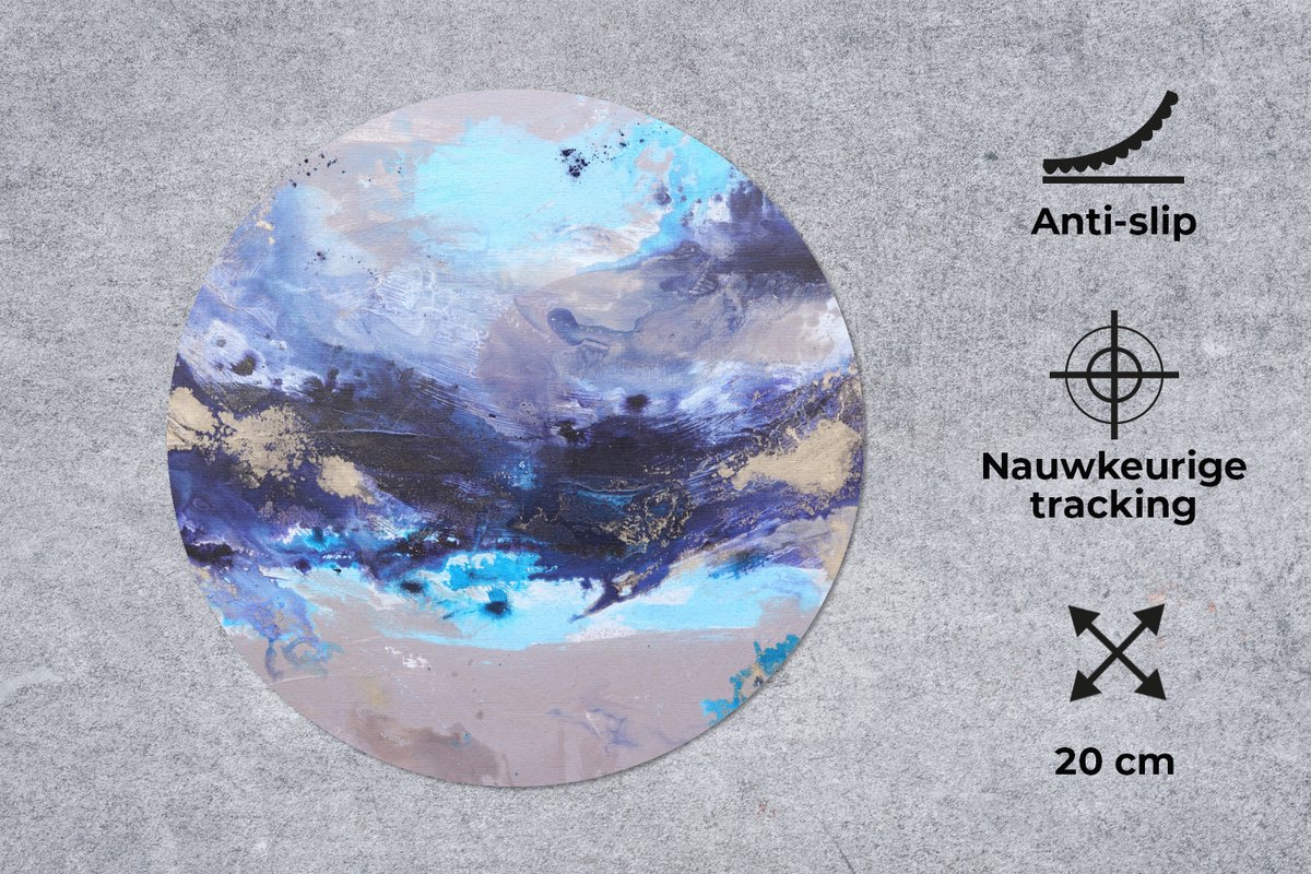 Muismat rond 20x20 cm - Mousepad Blauw - Grijs - Kunst - Abstract - Verf - Ronde muismatten
