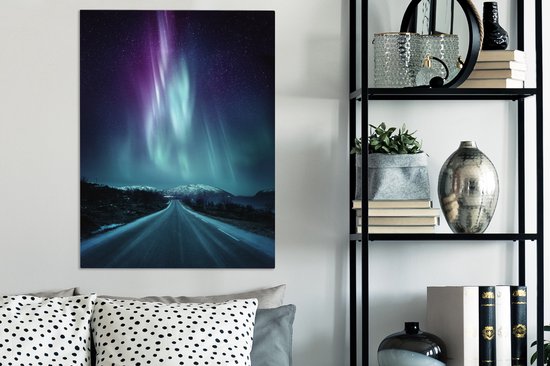 Tableau sur Toile Aurores Boréales - Neige - Route - 60x80 cm - Décoration murale
