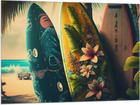 Vlag - Rij Surfplanken in Verschillende Patronen en Kleuren op het Strand - 100x75 cm Foto op Polyester Vlag
